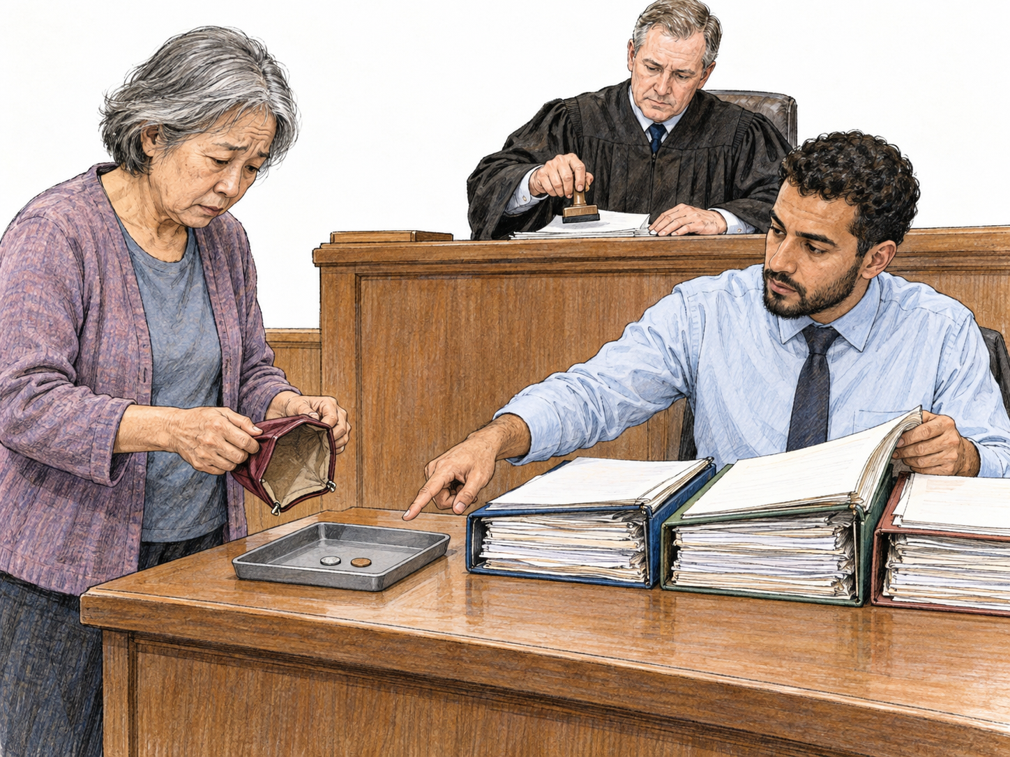 A debtor's visibly exhausted funds are formally assessed in court: an empty purse and a few remaining coins sit opposite several substantial creditor files while a judge stamps the case papers.