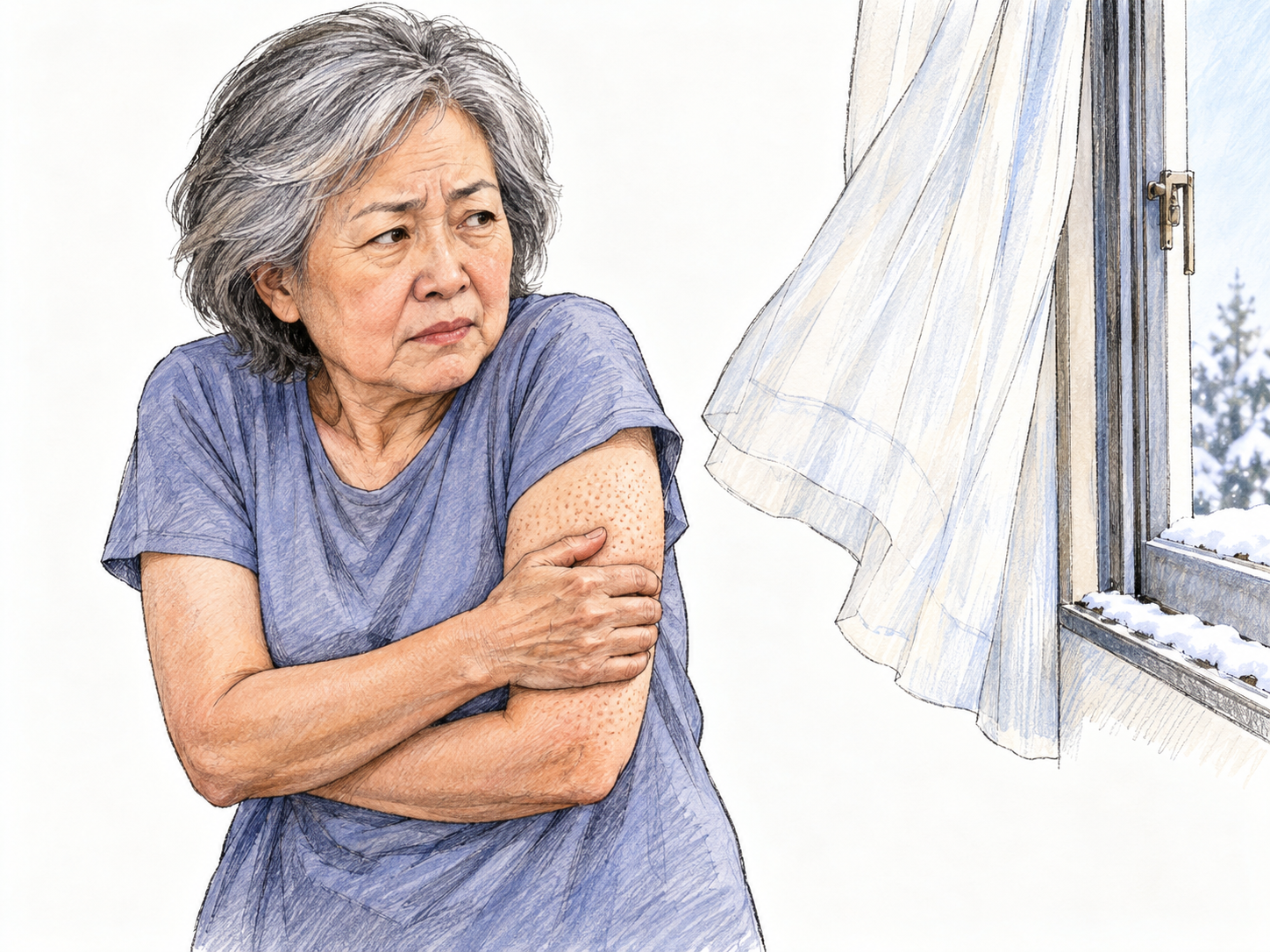 An older woman reacts to a cold draft from a partly open window, hunching her shoulders and rubbing her goosebumped upper arm.