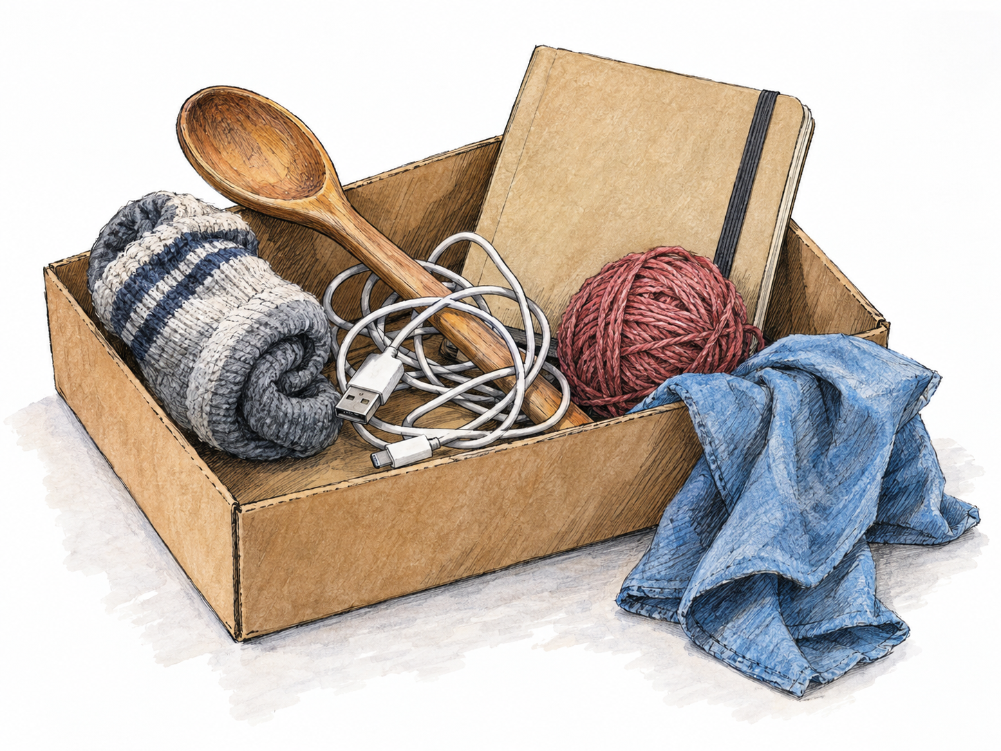 A loose assortment of unrelated everyday belongings partly filling an open cardboard box and spilling beside it, emphasizing miscellaneous stuff rather than a named set.