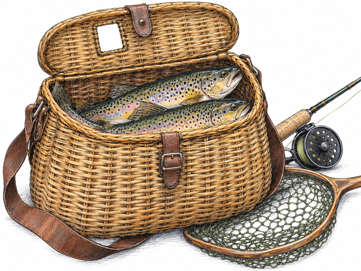 A traditional woven fishing creel with its hinged lid raised, revealing freshly caught fish inside; a fishing rod and landing net beside it establish its angling use.