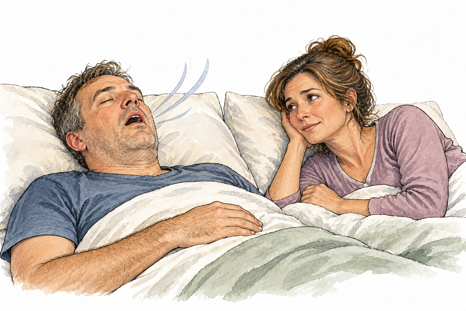 Middle-aged white man snores asleep on pillow, mouth open, partner gently notices; realistic subtle breath lines.
