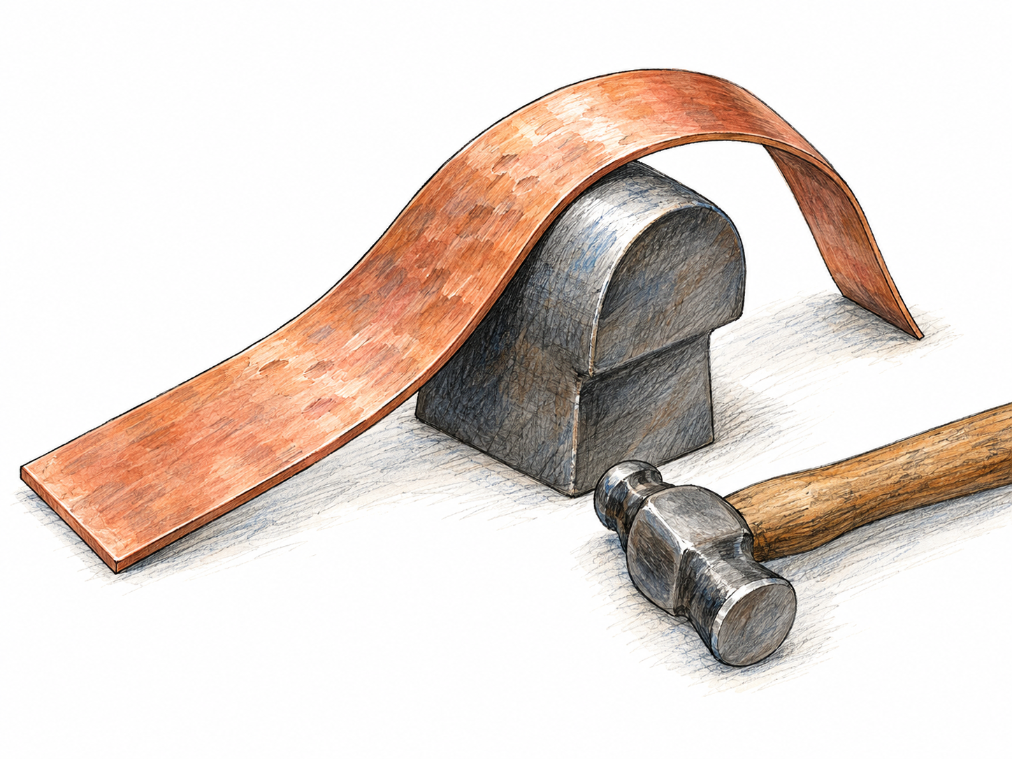 A copper strip rests across a small steel forming stake, smoothly bent into a broad curve with shallow hammer marks and no cracks; a small metalworking hammer lies beside it.