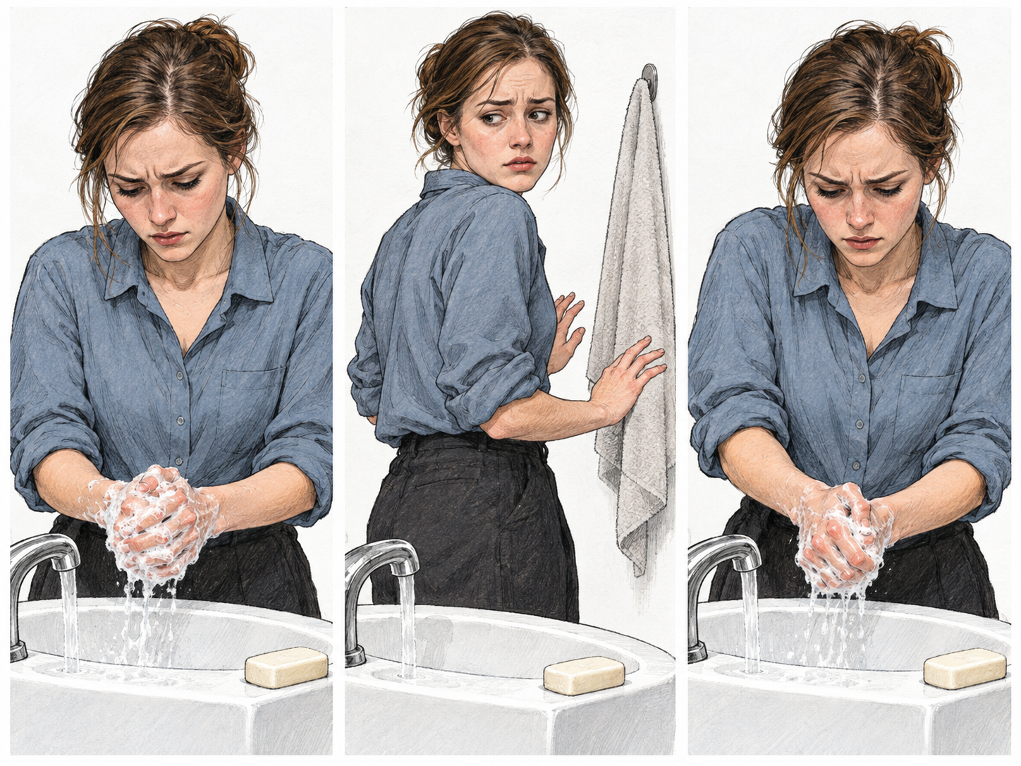A compact three-moment sequence shows a woman washing her irritated hands, trying to leave the sink, then returning to scrub them again with visible distress.