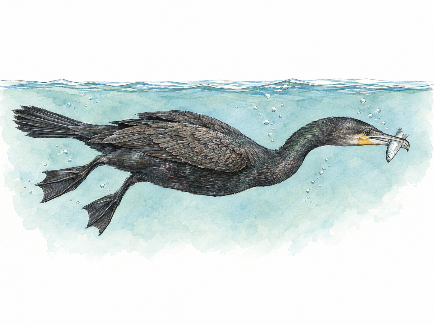 A single dark cormorant swimming underwater just beneath the surface, catching a small silvery fish in its hooked bill.