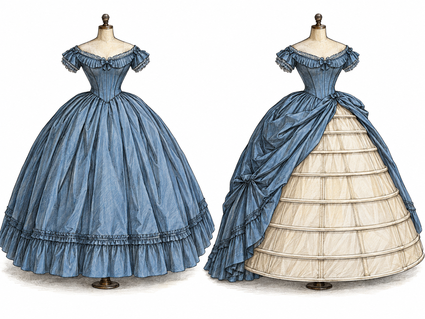 A dressmaker’s headless display form wears a bell-shaped dress with one side of its outer skirt drawn aside, revealing the separate stiff, hooped underskirt that holds the dress out.