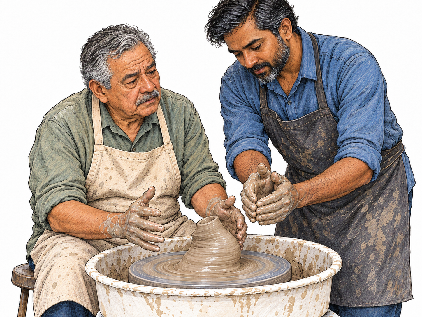 An older beginner at a pottery wheel awkwardly tries to center a lopsided clay lump while watching an instructor demonstrate the basic hand position beside him.