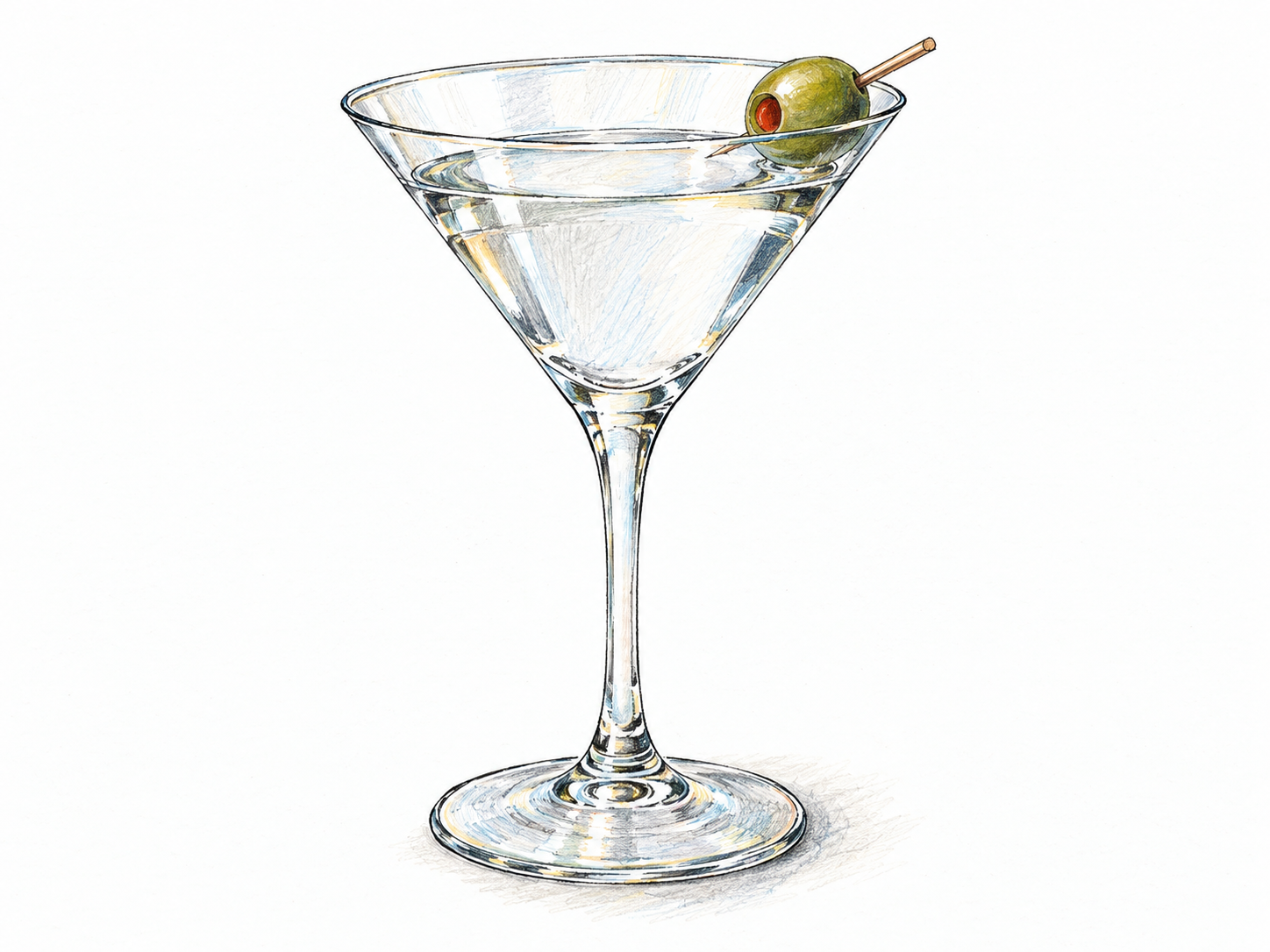 A classic martini in a recognizable V-shaped stemmed cocktail glass, with a clear drink and a green olive garnish.