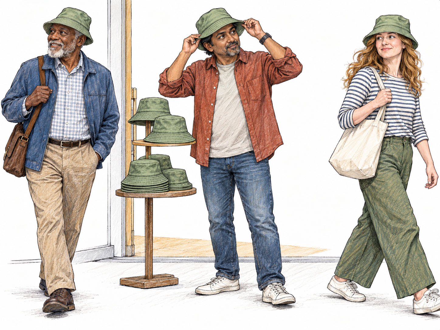 Several independently dressed shoppers wear the same distinctive bucket-hat style, while another shopper tries one from a matching retail display, making a currently popular fashion visible through repeated adoption.