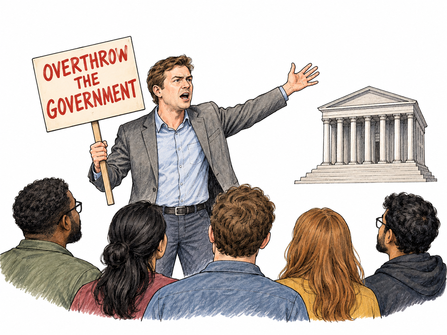 Speaker openly urges rebellion using brief functional placard reading only OVERTHROW THE GOVERNMENT, emphatic raised hand toward distant generic government-column icon; educational depiction, no named group or tactical detail, white ground.