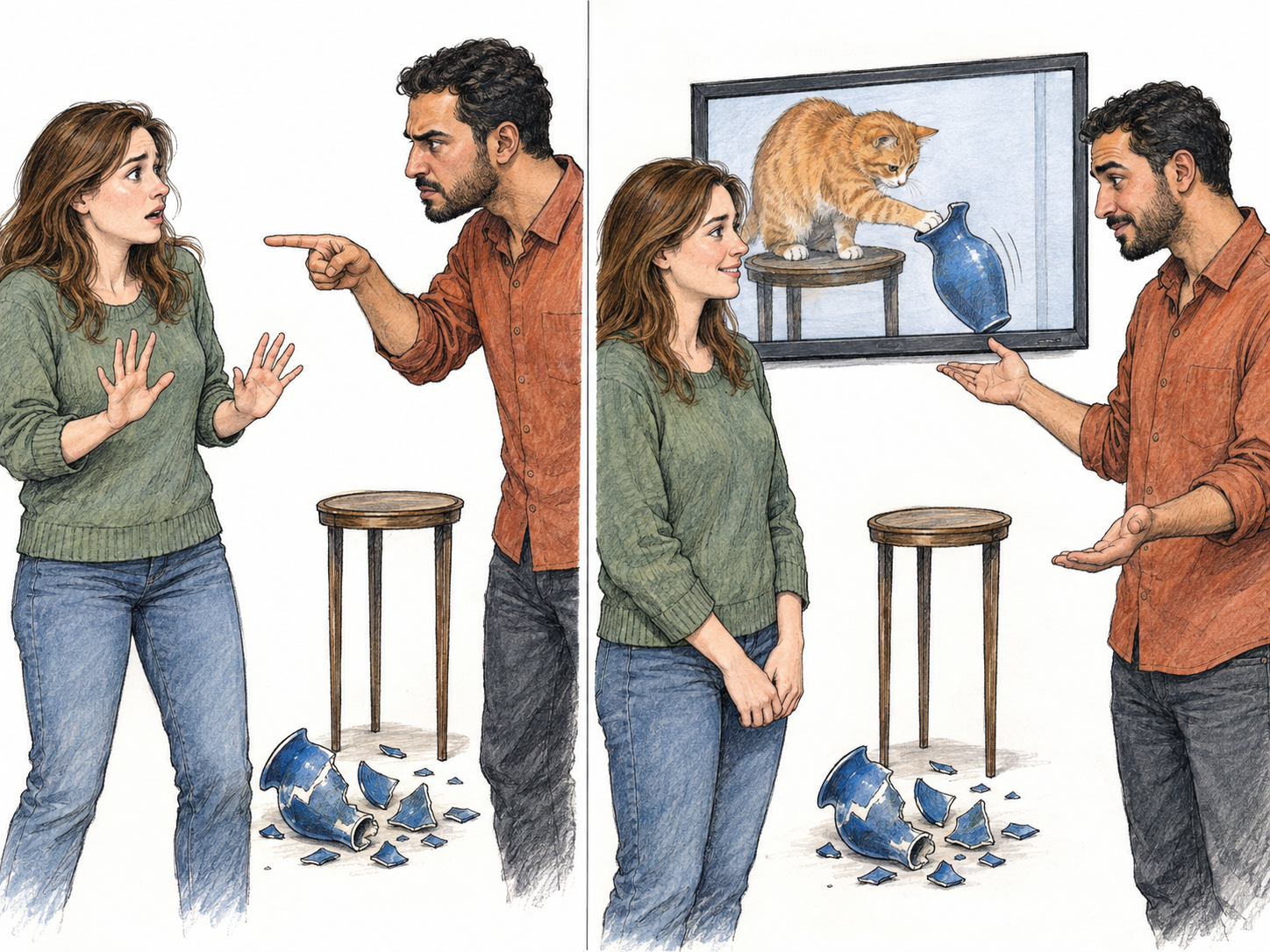 A compact before-and-after scene shows a woman wrongly blamed for a broken vase, then cleared when a security recording visibly reveals that a cat knocked it over.