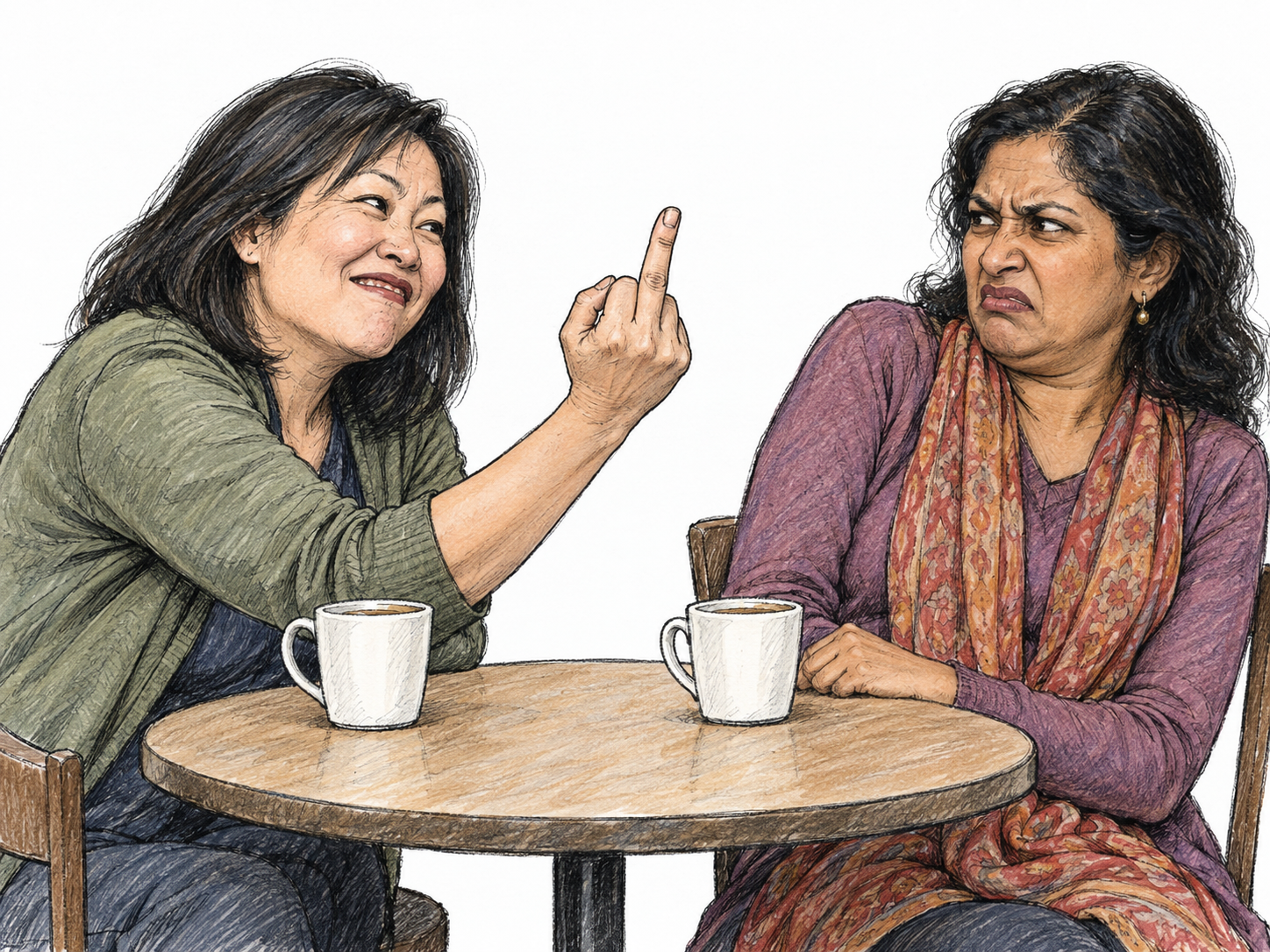A woman makes a conspicuous obscene middle-finger gesture across a café table while her companion recoils in offended distaste, depicting vulgar behavior without dialogue.