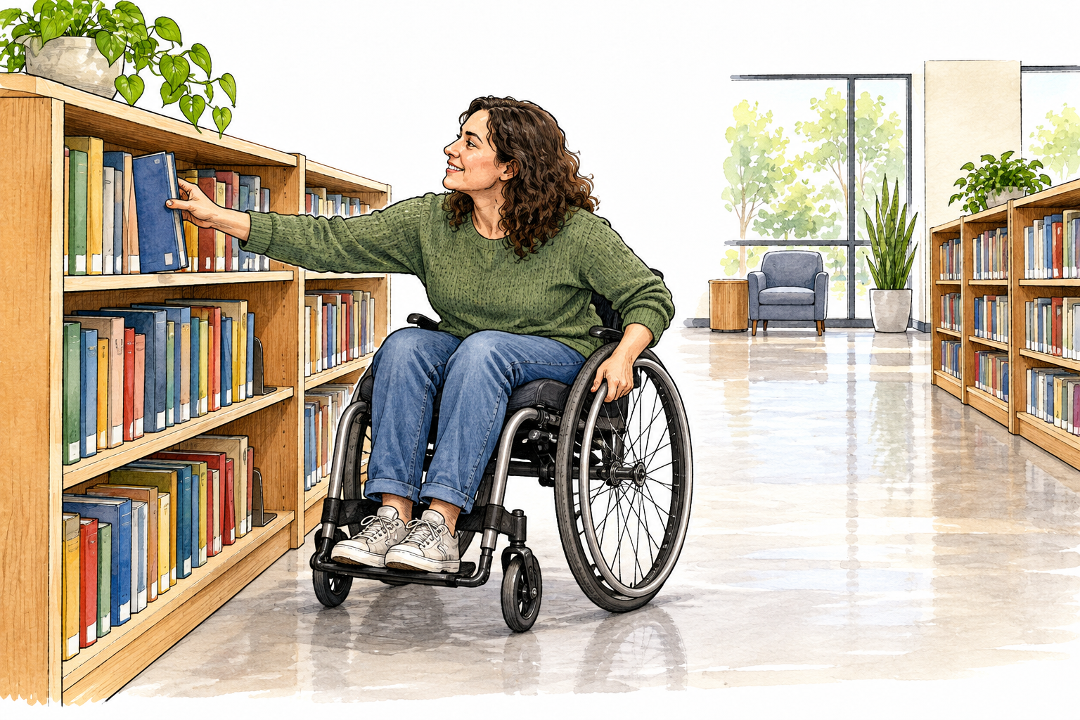 A low accessible public bookshelf with broad clear aisle and wheelchair user easily reaching a book, easy to use and obtain.