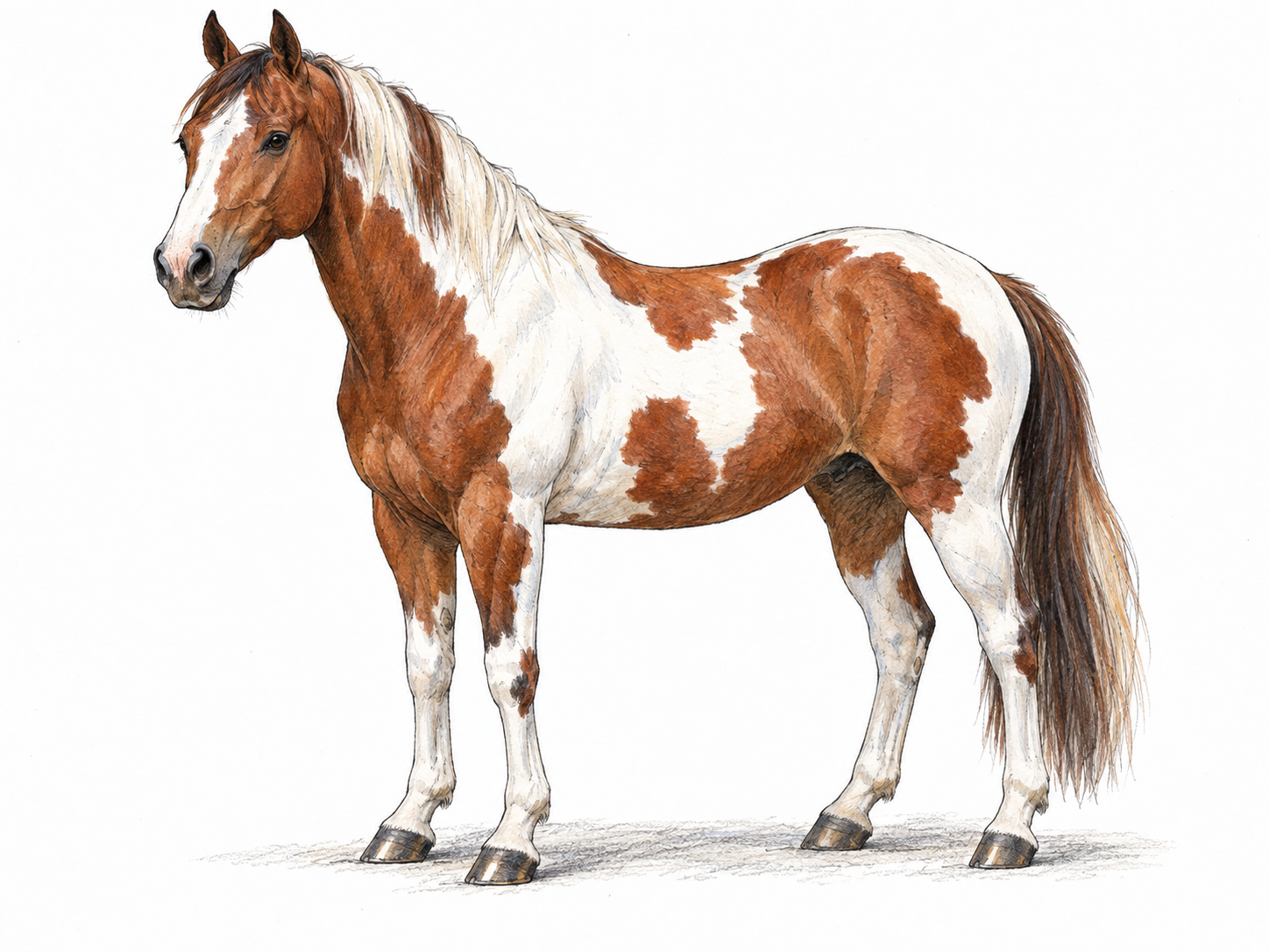 A full-body pinto horse standing naturally in three-quarter side view, with large irregular chestnut and white patches across its coat.