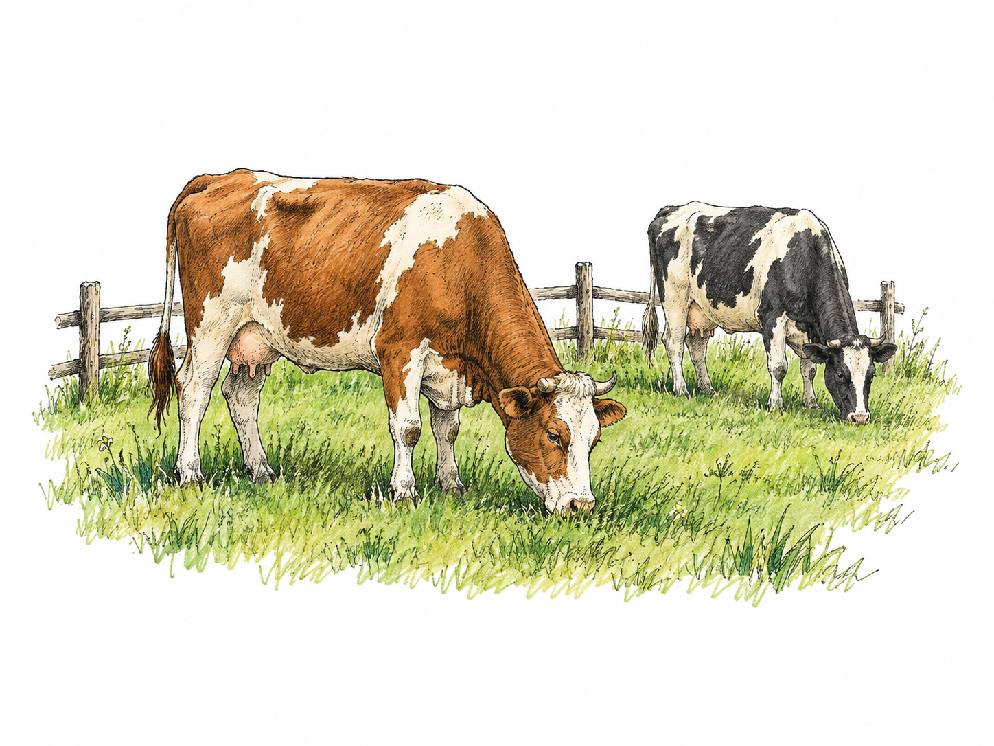A small grassy pasture vignette with two cows grazing and short simple wooden fence segment, land suitable for grazing clear; no hills, farmhouse or full landscape.