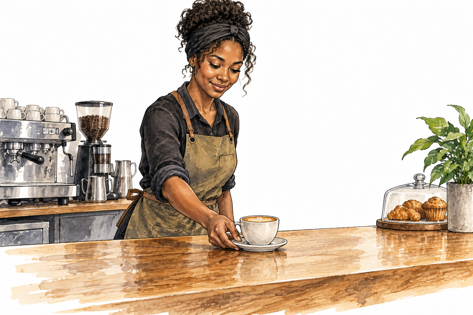 A Black woman café worker setting a cup on a broad flat service counter, counter surface prominent, no signs or menu lettering.