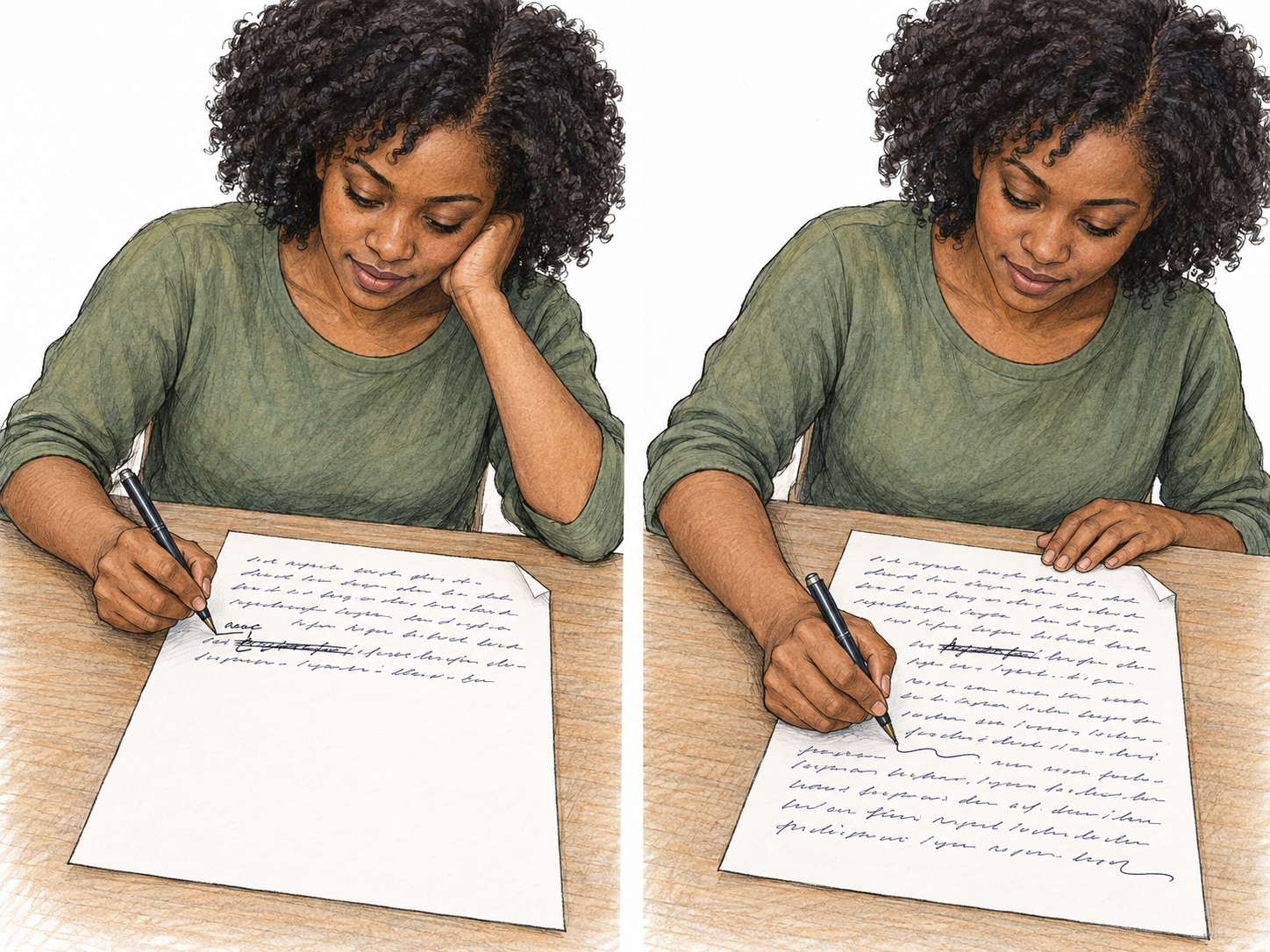 A compact two-stage view of a writer composing and completing her own entirely handwritten document.