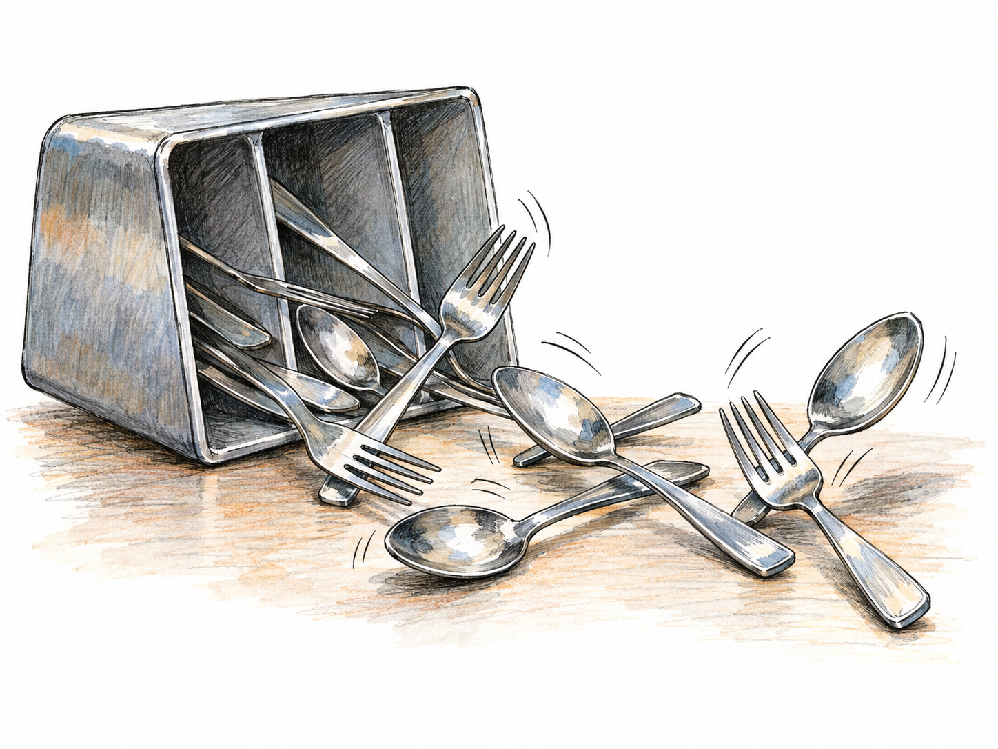 A tipped metal cutlery tray spills forks and spoons onto a hard tabletop, with several utensils visibly colliding and bouncing to suggest a loud rattling clatter.