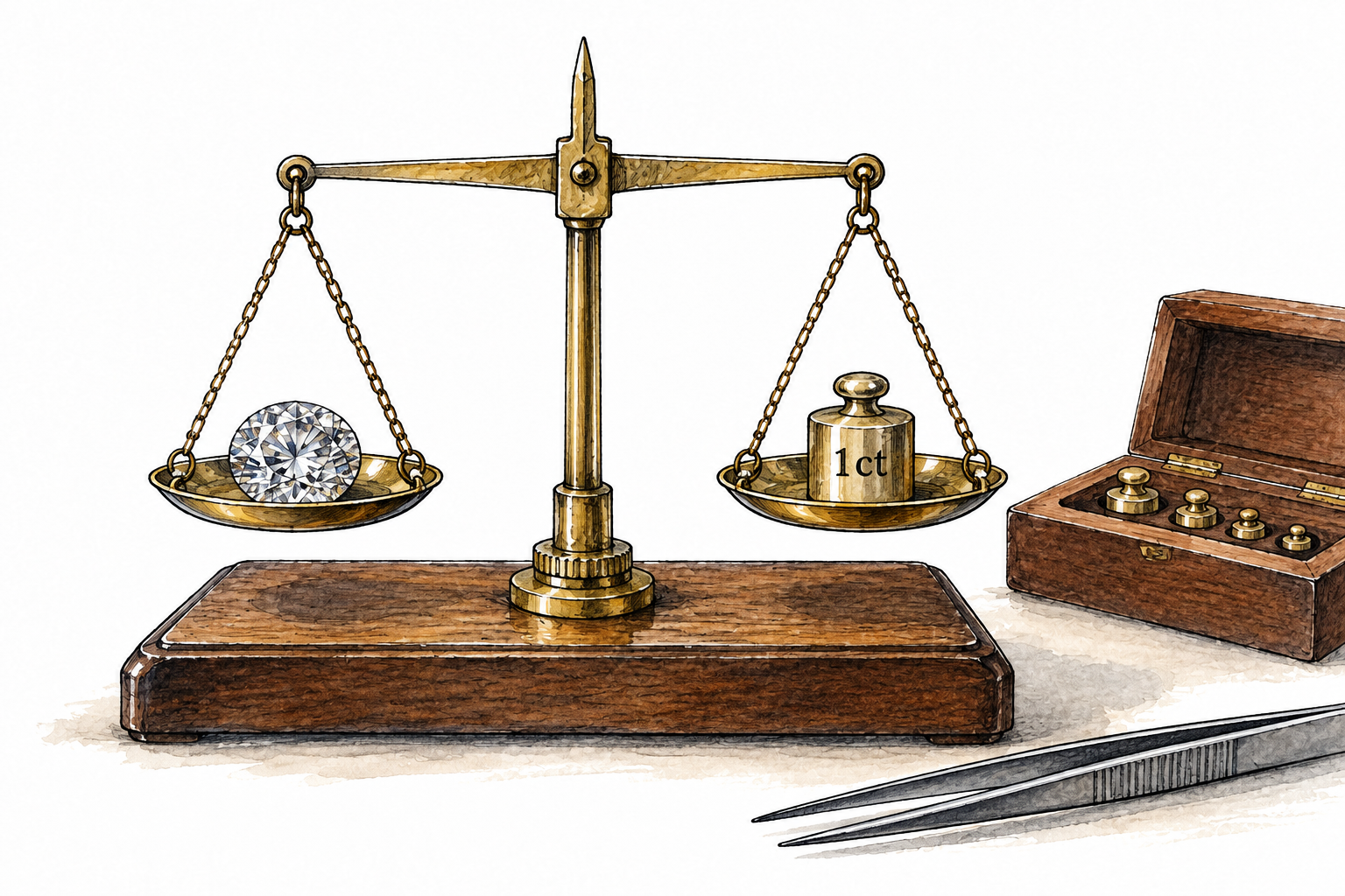 Small jeweler balance weighs a cut diamond against tiny calibrated weights, permit only short essential label '1 ct' on weight.