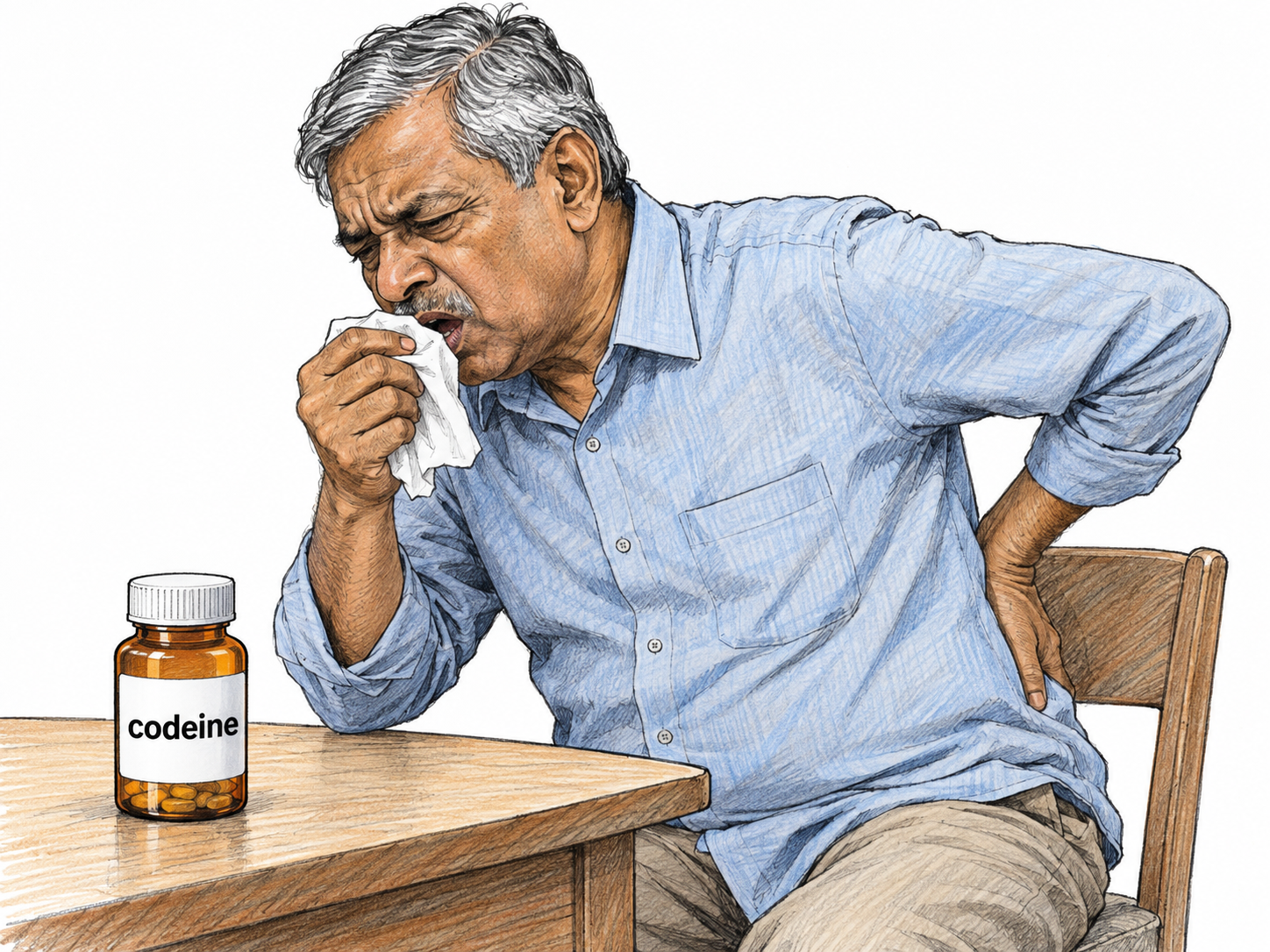 A clearly identified prescription medicine beside an older man who is coughing into a tissue while holding his painful lower back.