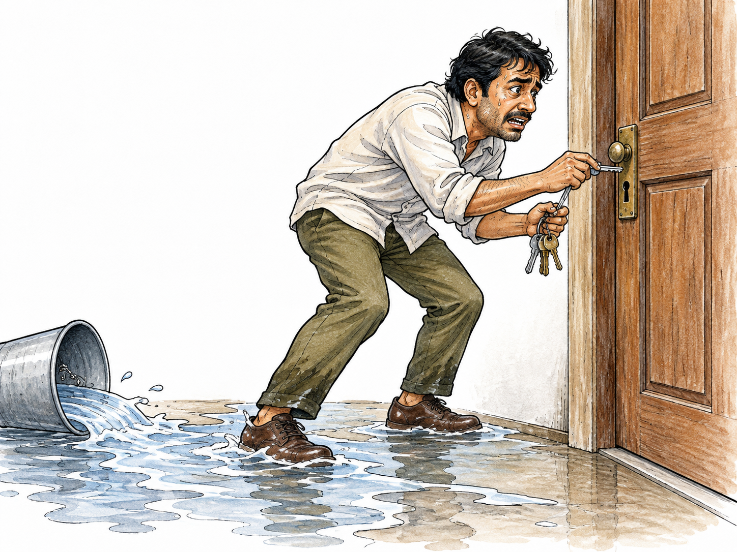 A person urgently tries several plain keys at a locked door while spilled water advances toward the person's shoes, face distressed and hurried.