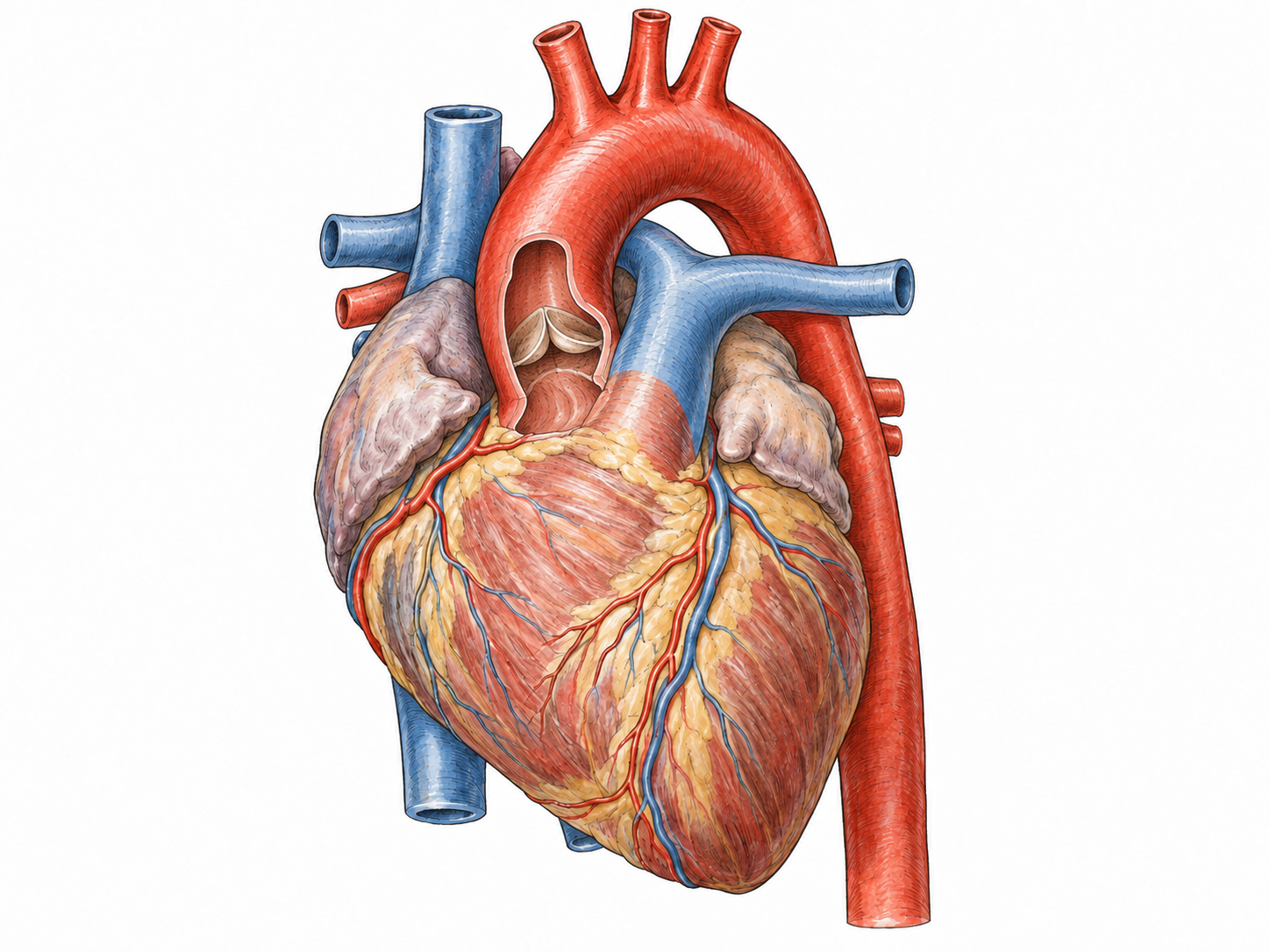 An isolated anatomical heart with its large aortic trunk clearly emphasized: it emerges from the left ventricle, arches above the heart with three superior branches, and continues downward as the descending aorta.