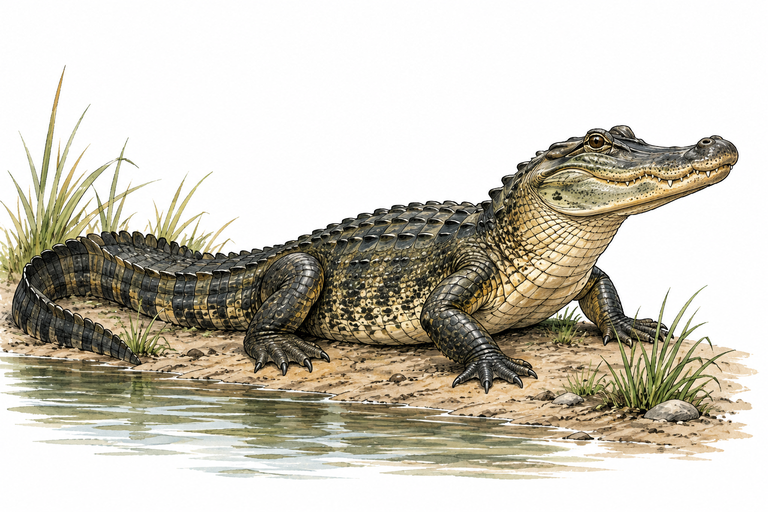 American alligator with broad rounded snout, four legs and heavy scaled tail on riverbank.