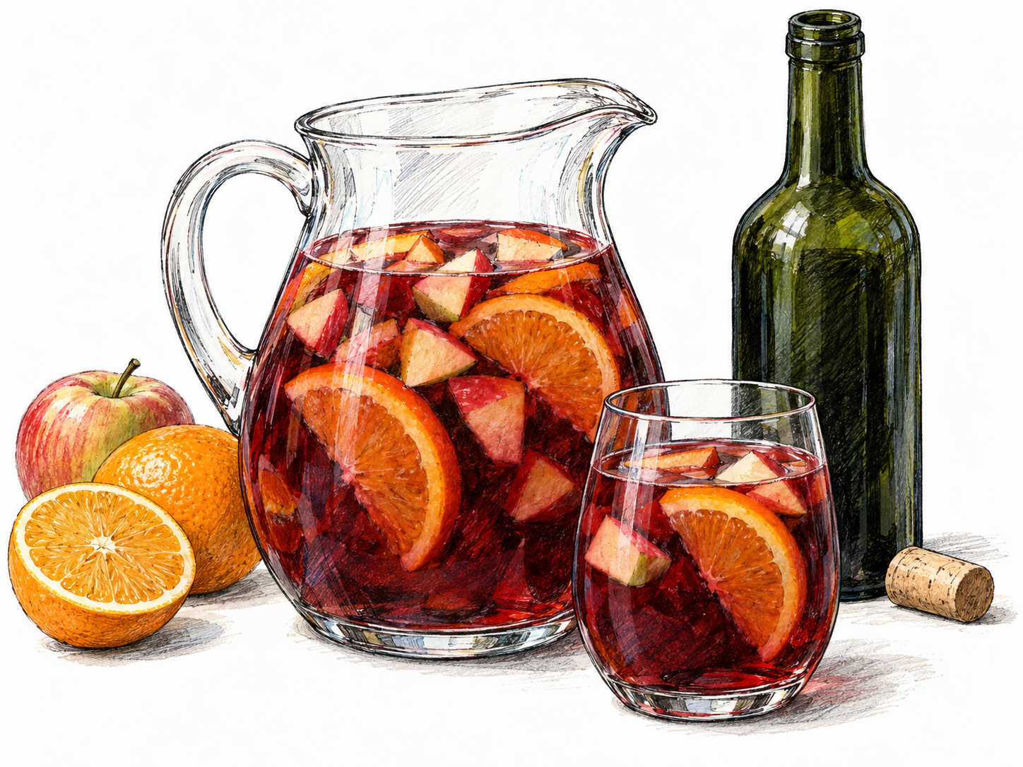 A clear glass pitcher of deep ruby-red wine punch with visible orange slices and apple pieces, beside a matching filled glass and an uncorked, unlabelled wine bottle.