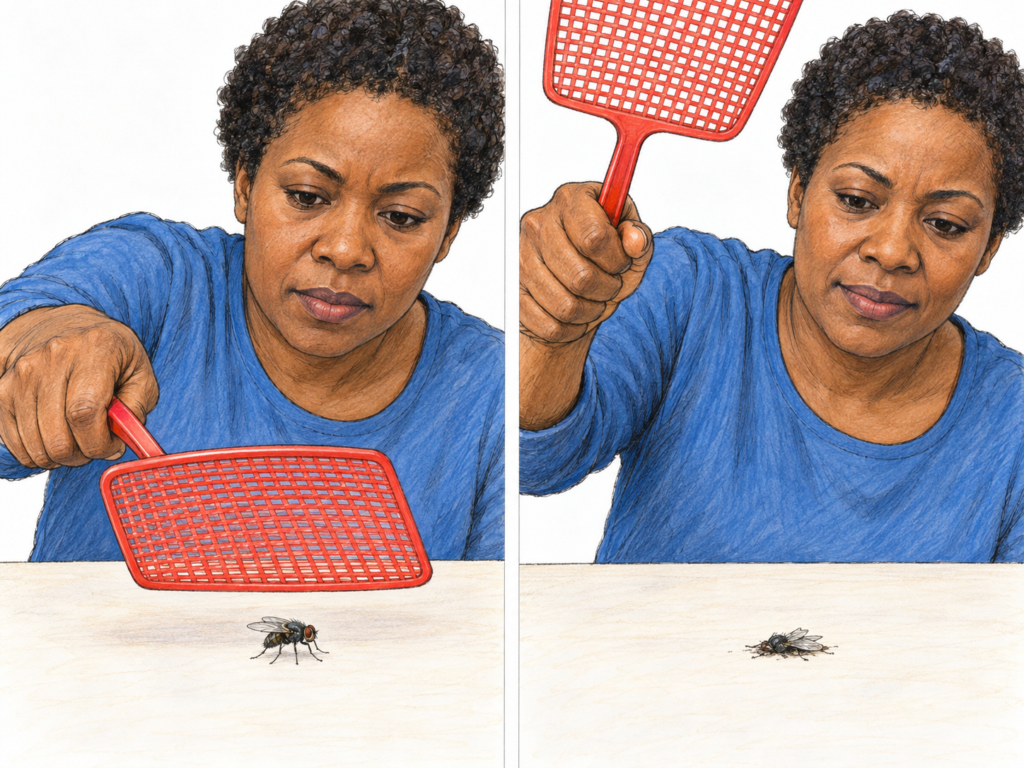 A compact before-and-after sequence shows the same woman striking a housefly with a flyswatter, then lifting the tool to reveal its visibly flattened body.