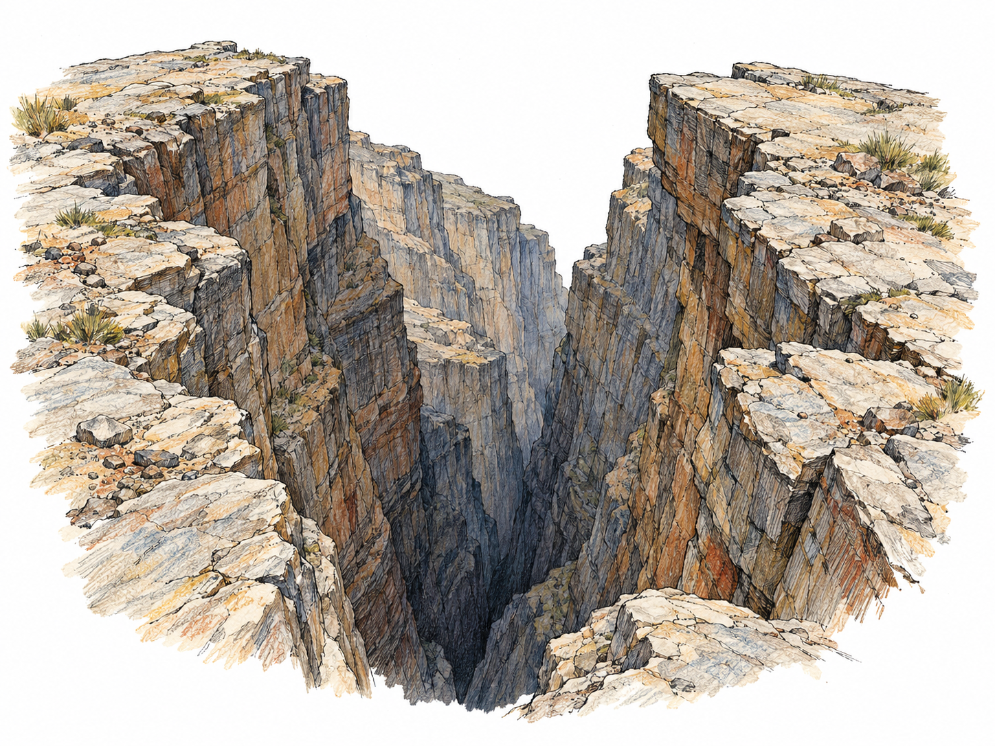 A deep rocky chasm with two sharply separated cliff rims and steep walls descending into shadow, making the wide gap and depth immediately clear.