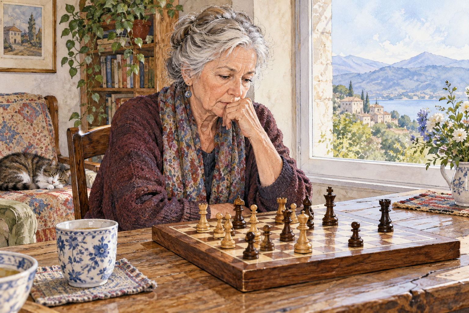An older woman pauses in deep thought over a difficult chess position, reflective face and still posture, no letters on board.