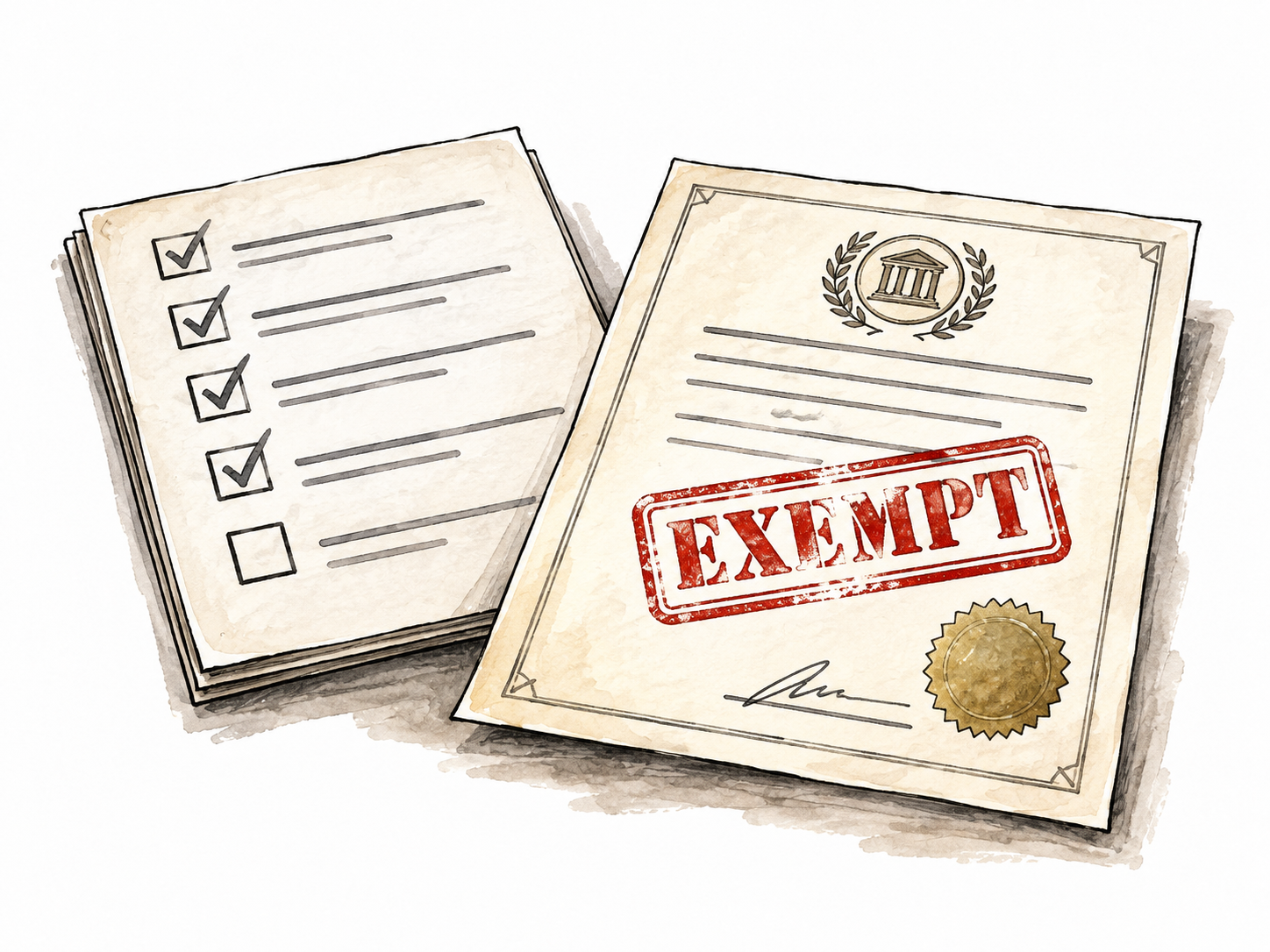 A formal permission document stamped EXEMPT rests beside a standard requirement checklist.
