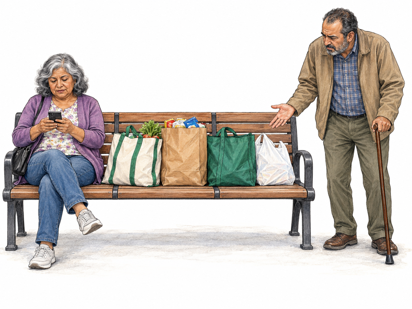 On a public bench, a woman occupies one end and spreads her shopping bags across the remaining seats while looking at her phone.