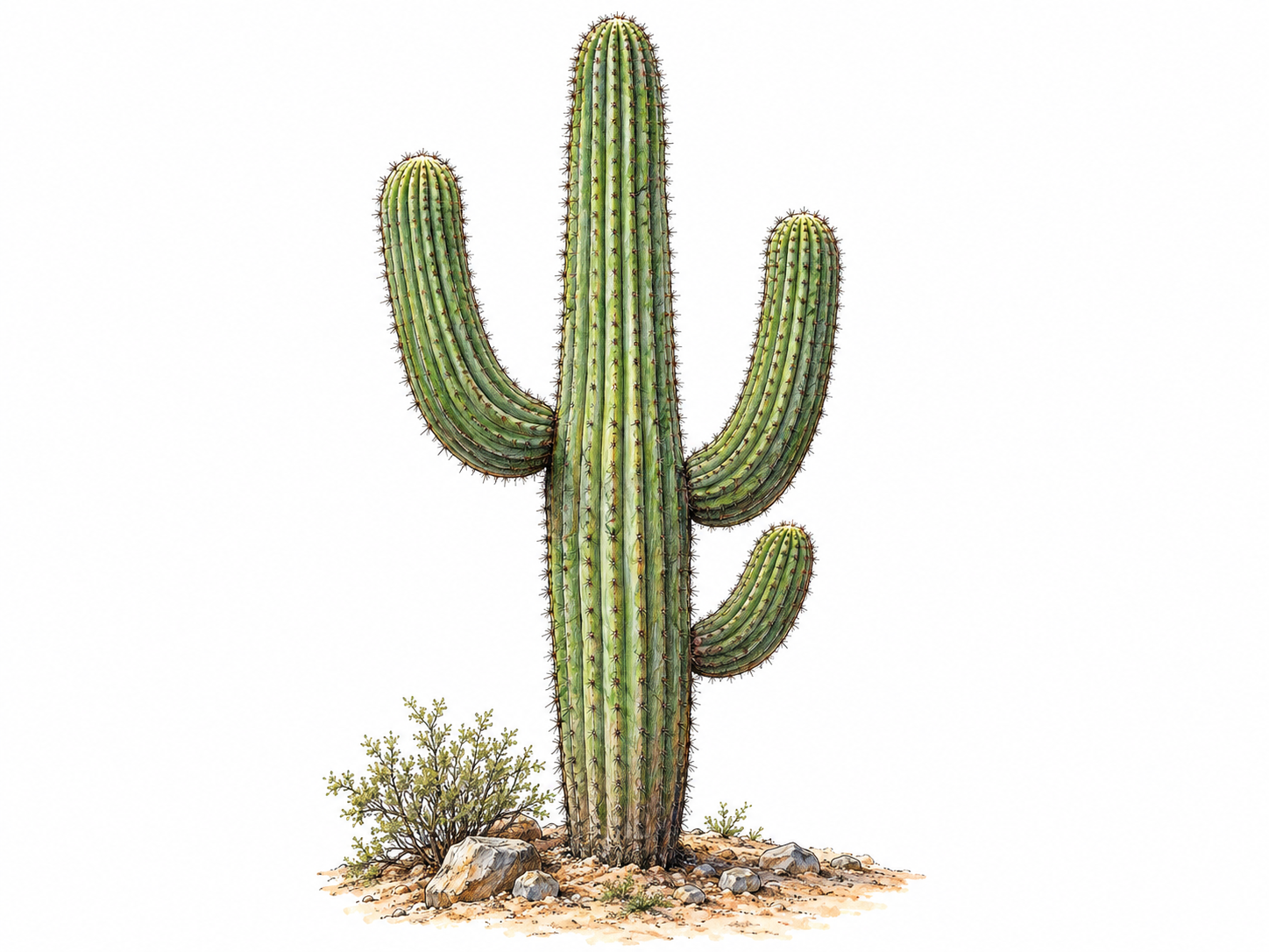 A mature saguaro dominates a sparse Sonoran Desert patch, with a tall ribbed central column and thick branching arms curving upward.