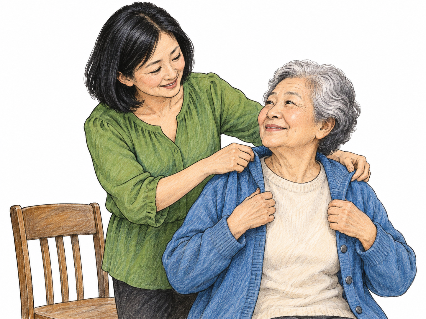 Adult daughter gently helps elderly mother put on warm cardigan and offers affectionate attentive expression, duties and feelings toward parent explicit.