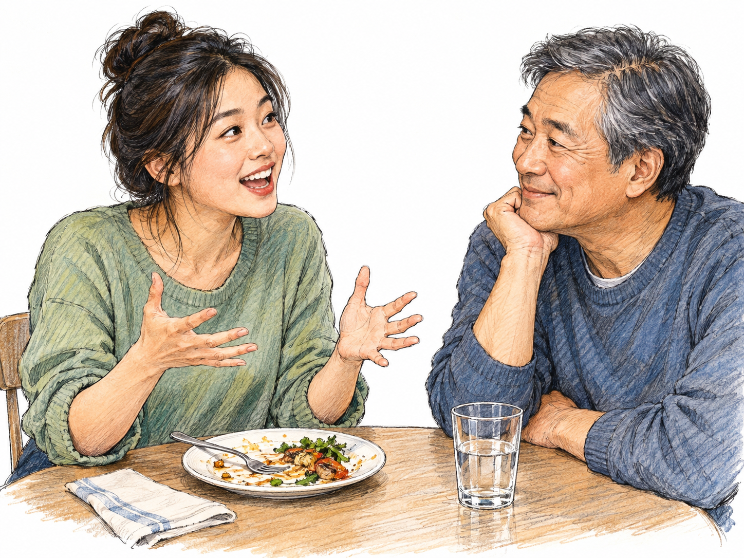 A young woman enthusiastically tells an older man about a meal, speaking with an exuberant expression and animated open-handed gestures beside a small plate of food.