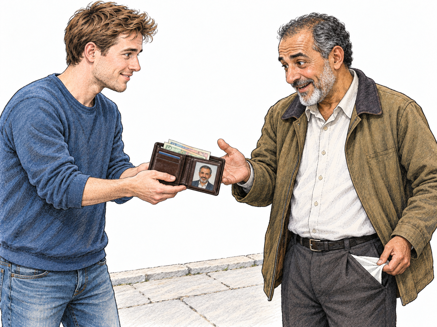 A man returns a dropped, cash-filled wallet intact to its owner, openly presenting the wallet and its contents rather than keeping the money.