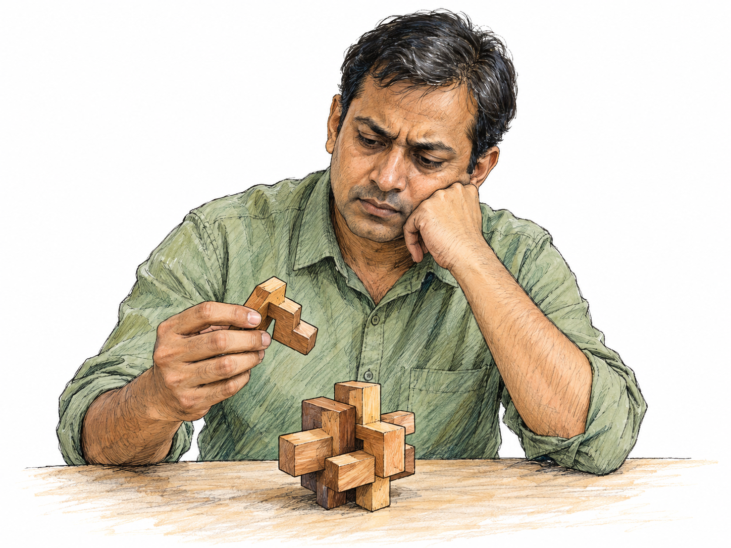 An adult seated at a small table studies the same difficult wooden interlocking puzzle intently, chin supported by one hand while the other slowly turns a puzzle piece.