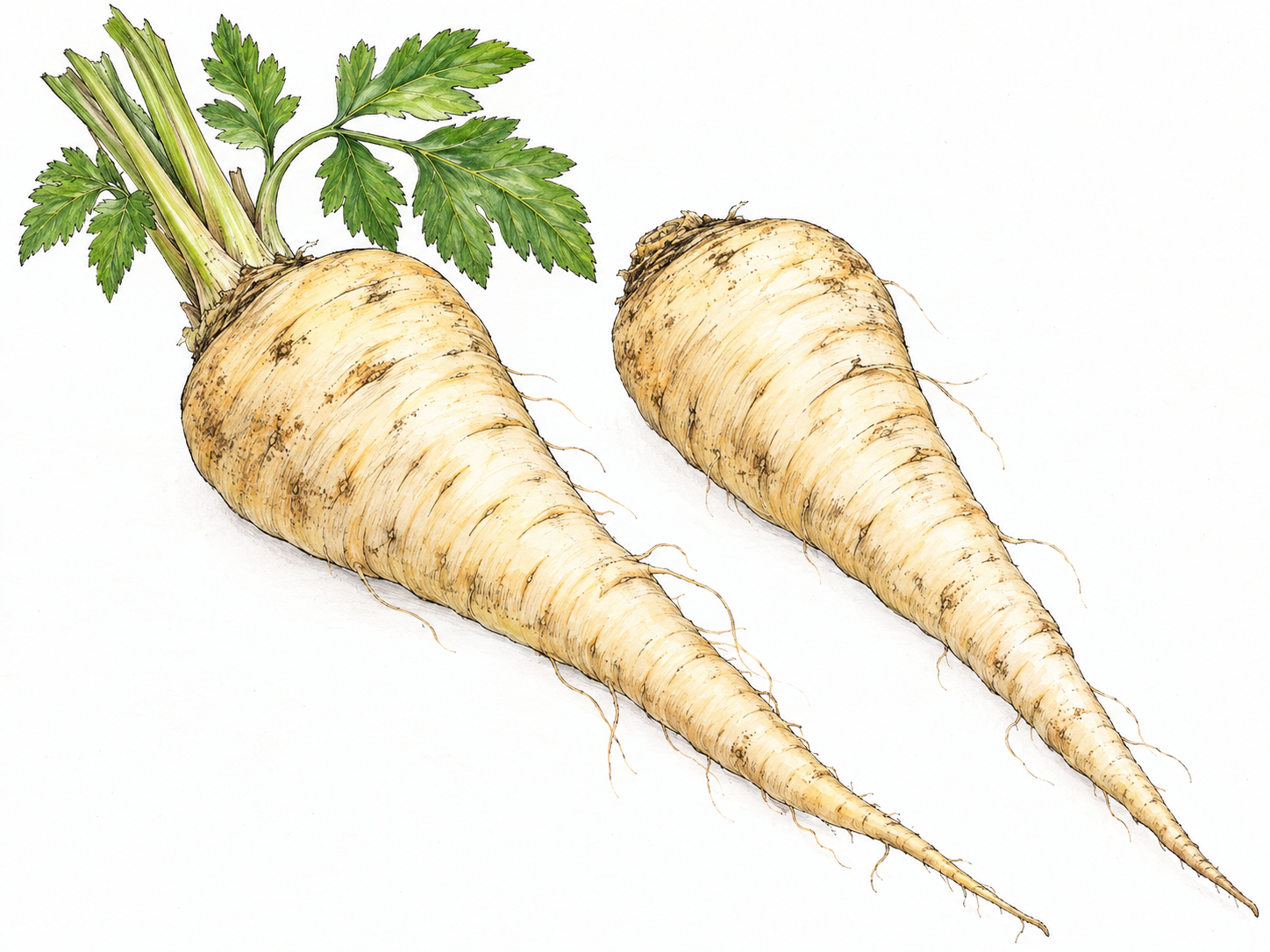 A close botanical still life of two ivory parsnips, showing broad shoulders, long tapering roots, fine root hairs, and a small attached sprig of compound leaves.