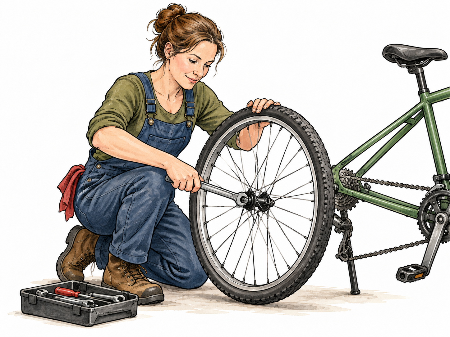 Adult mechanic confidently replaces a bicycle wheel with correct tool and calm focused expression, visible ability to do task.