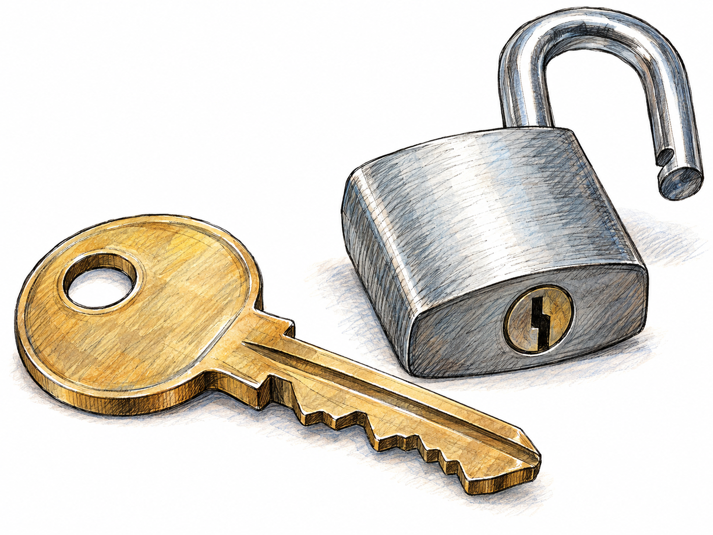A large, clearly recognizable metal key beside an open padlock, with the key’s toothed blade and the matching keyway prominently visible.