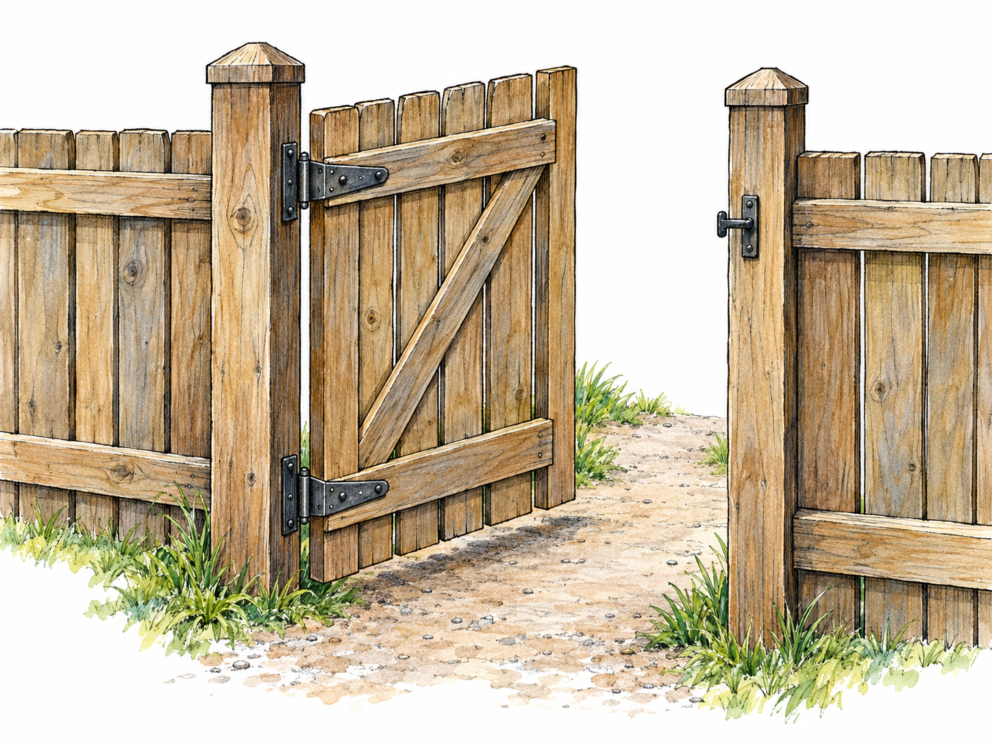 A wooden garden gate stands partly open between two fence posts, with visible hinges and a latch.