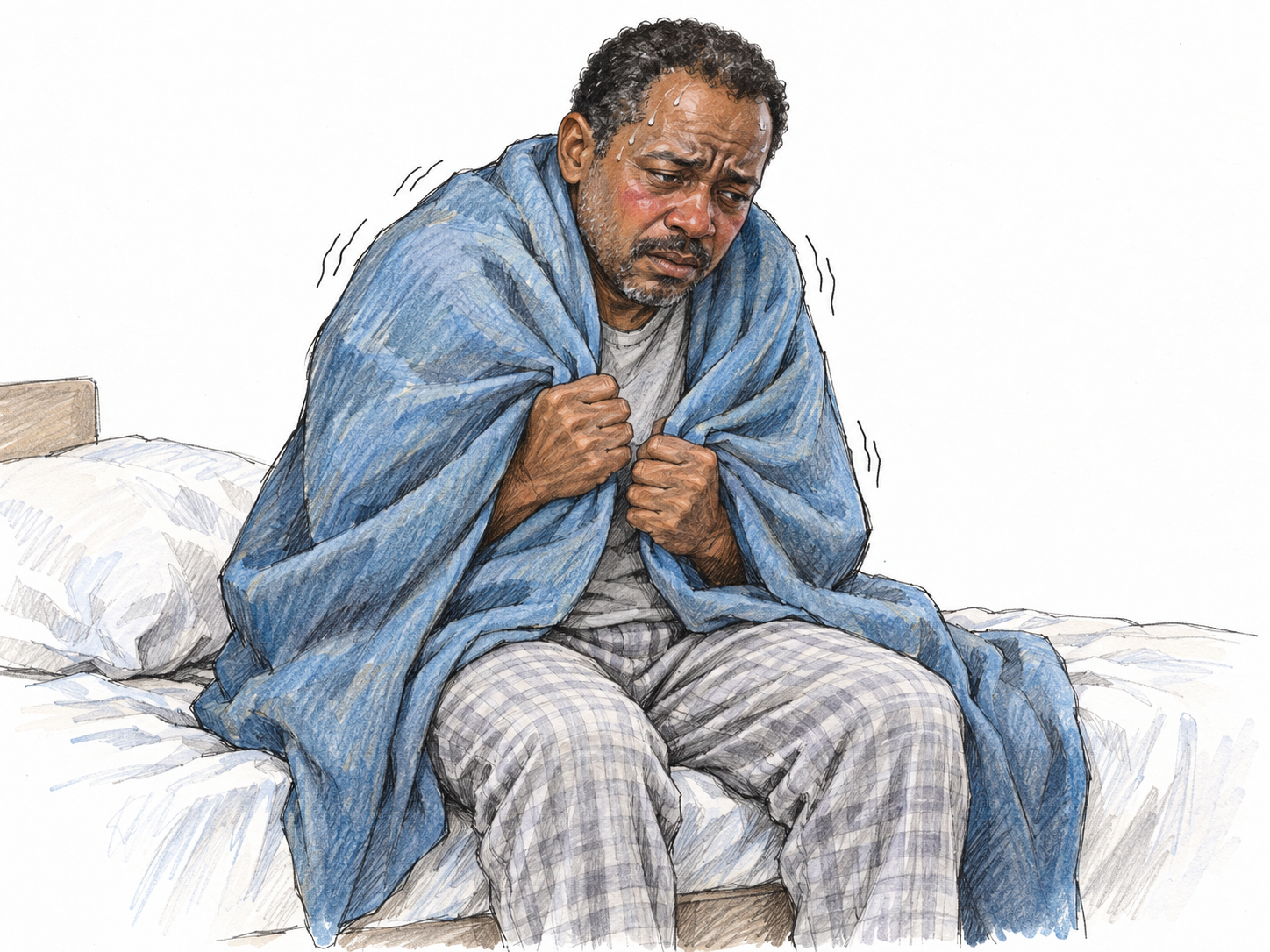 A feverish middle-aged man sits on the edge of a bed, visibly shivering and clutching a blanket tightly around his shoulders.