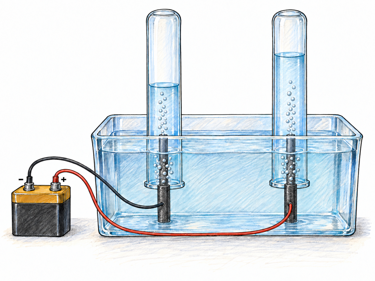 A working water-electrolysis apparatus: a battery drives two electrodes submerged in water, with bubbles collecting in separate inverted tubes and approximately twice as much gas collected at the negative electrode.