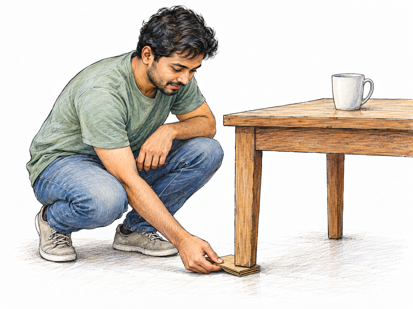 A young man steadies a wobbly table with folded cardboard under its short leg, choosing a quick practical fix rather than a proper repair.