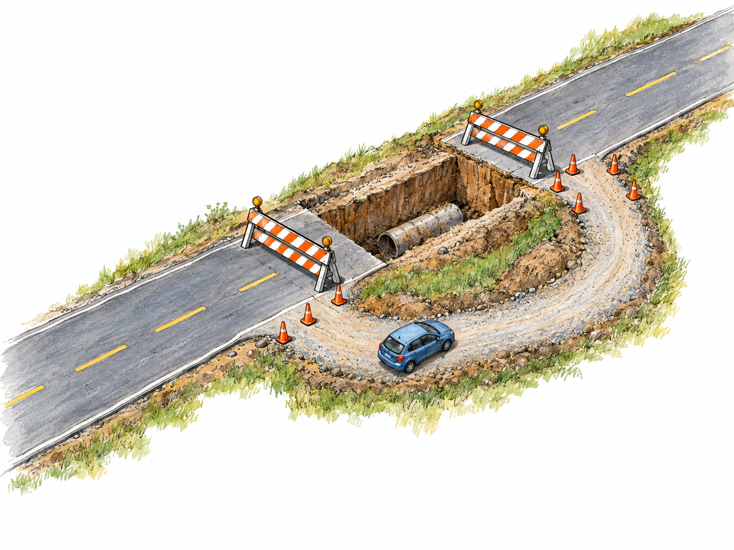 An elevated view of a road closed by temporary barriers around an open repair trench, with a clearly connected bypass curving around the closure and rejoining the same road beyond it.