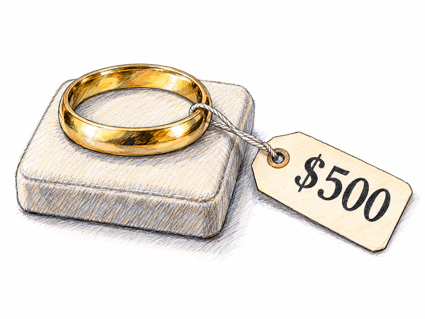 A gold ring with a small attached price tag showing $500 makes its monetary worth concrete and immediately readable.