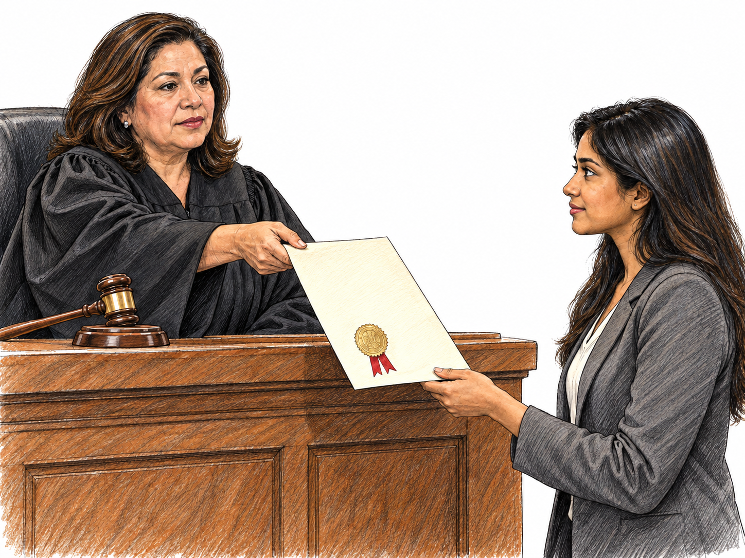 A robed judge formally issues a sealed legal document across the bench to a court clerk, making the authoritative written instrument the focal point.