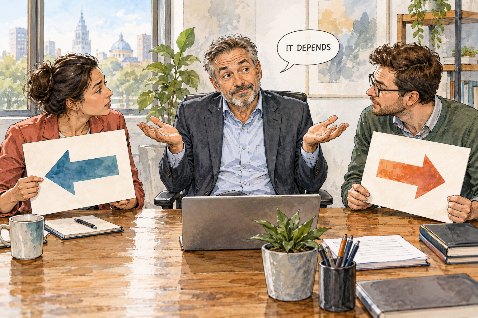 Two colleagues ask manager to choose left or right option; manager gives ambiguous shrug with one tiny speech bubble IT DEPENDS, options represented by arrows not prose.