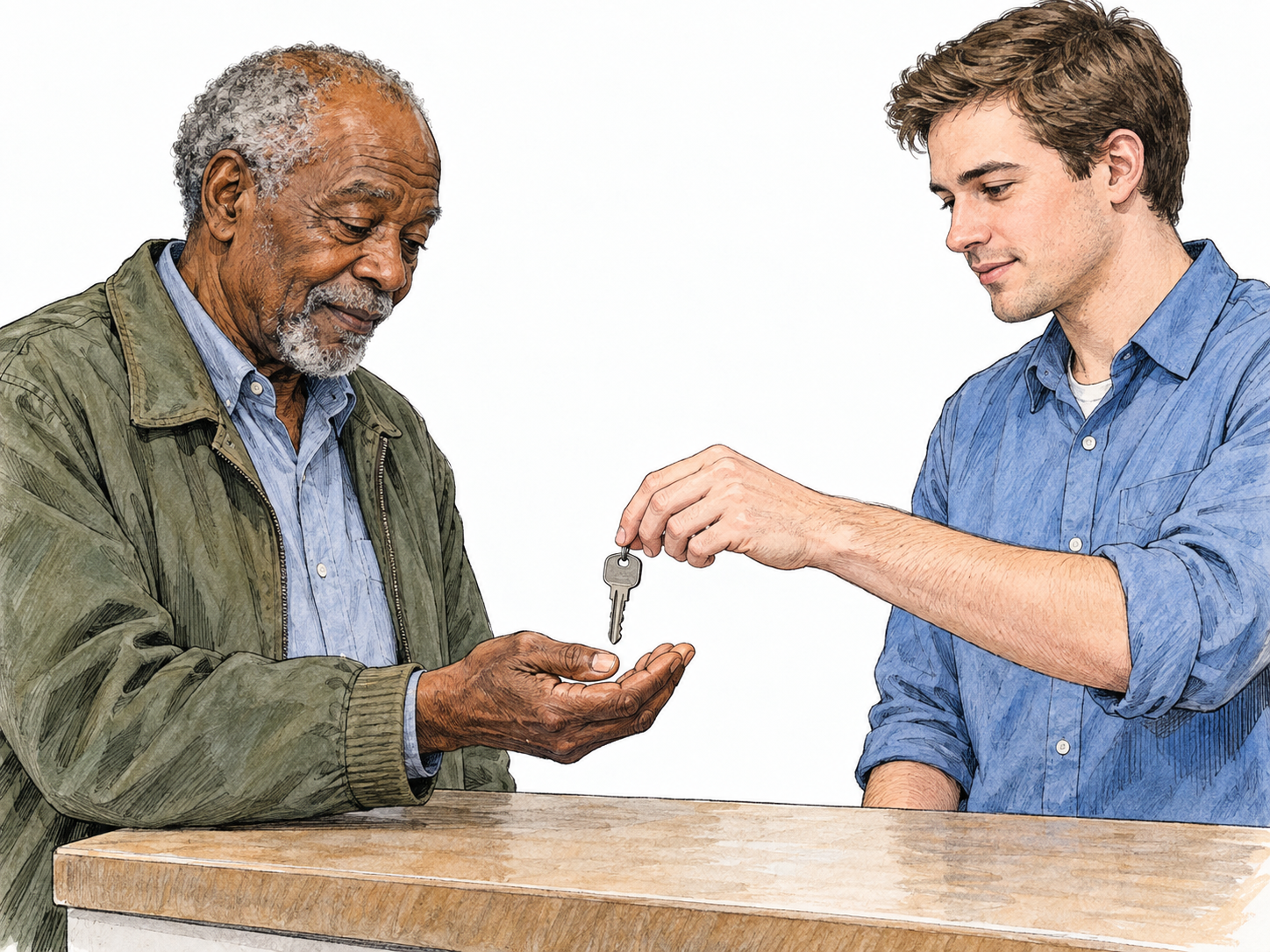An older man obtains a key: a younger attendant releases a plain house key into his open palm across a small counter.