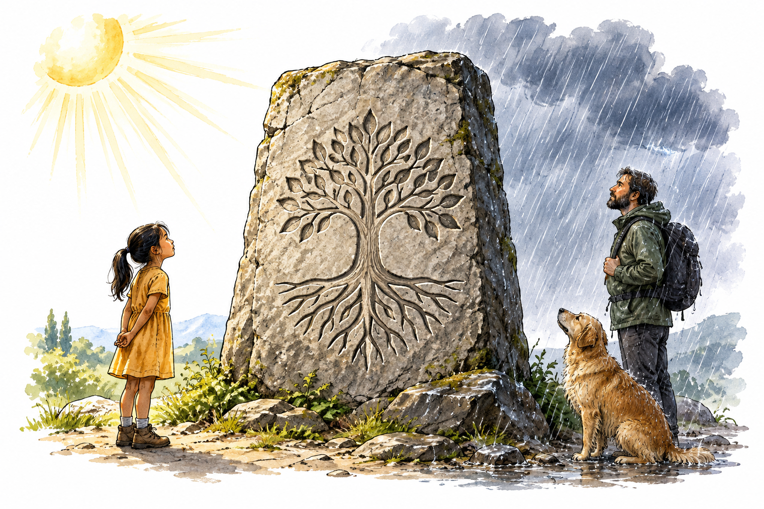 A deeply engraved stone inscription remains unchanged through sunshine and rain, symbolic permanence, no tiny writing.